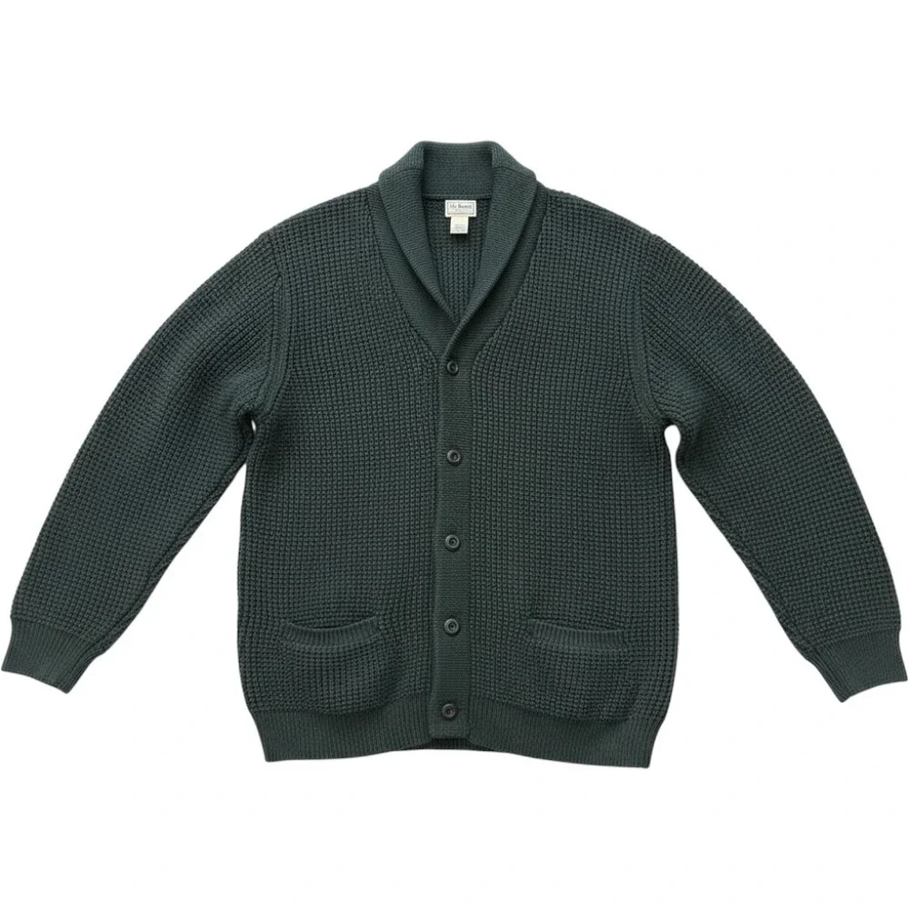 LL Bean Cardigan Mens XL Green Shawl Collar Waffle Knit Organic Cotton Chunky
